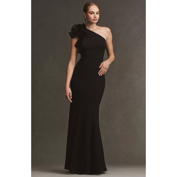 AIDAN MATTOX Women's One-Shoulder Organza Ruffle Gown Size 4 Black NWT - Picture 1 of 15